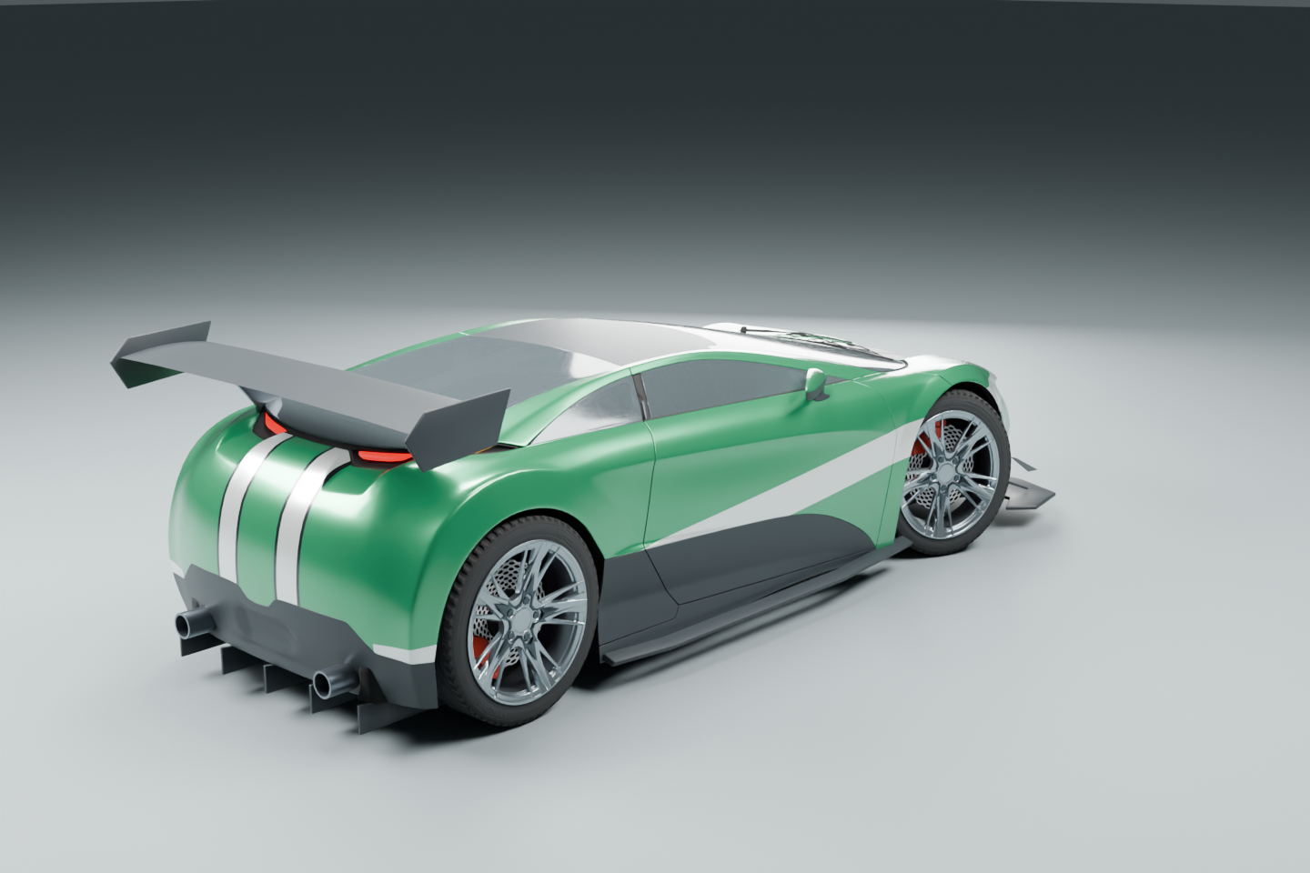 GT 赛车后侧视角，带固定尾翼、白色条纹和扩散器
